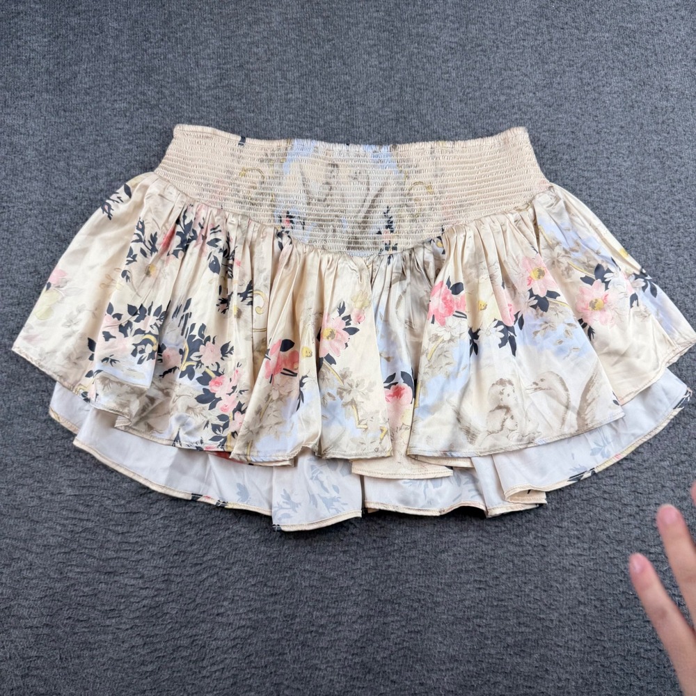 Kimchi Blue Floral Mini Skirt Women's Medium Cream Smocked Ruffle Tiered Satin